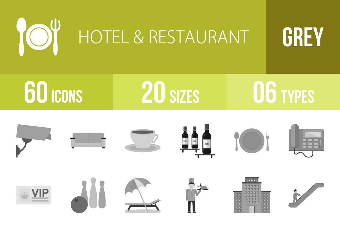 60 Hotel & Restaurant Greyscale Icons - Overview - IconBunny