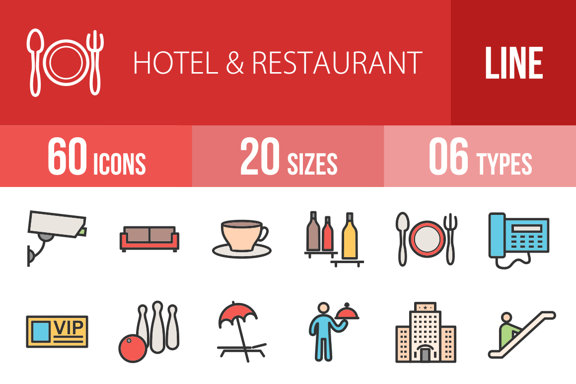 60 Hotel & Restaurant Line Multicolor Filled Icons - Overview - IconBunny