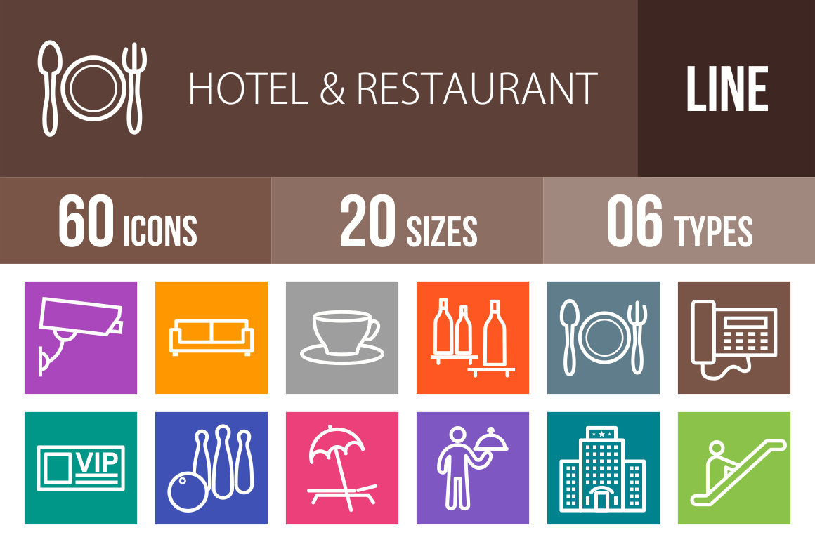 60 Hotel & Restaurant Line Multicolor B/G Icons - Overview - IconBunny