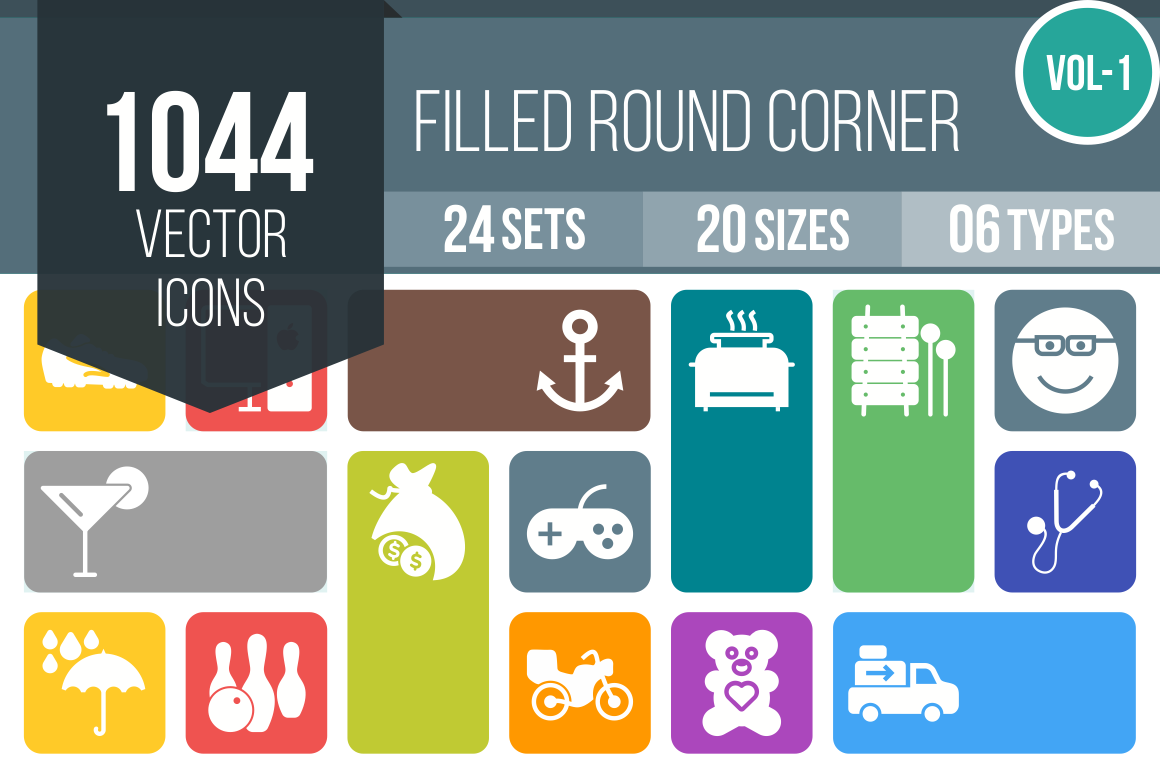 1044 Flat Round Corner Icons Bundle - Overview - IconBunny