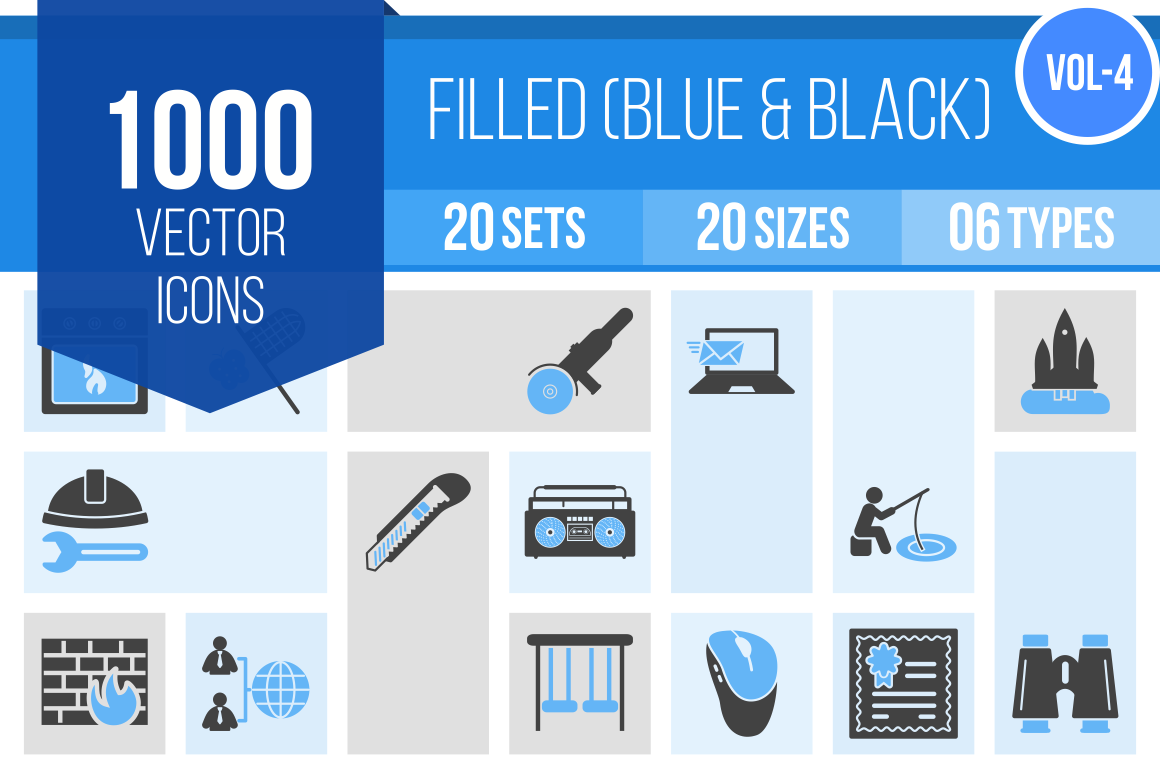 1000 Blue & Black Icons Bundle - Overview - IconBunny