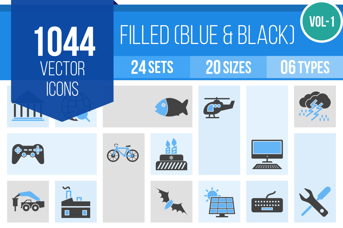 1044 Blue & Black Icons Bundle - Overview - IconBunny