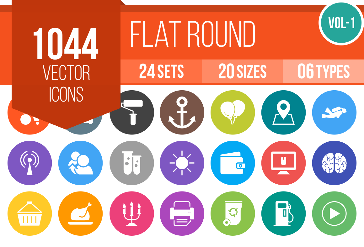 1044 Flat Round Icons Bundle - Overview - IconBunny
