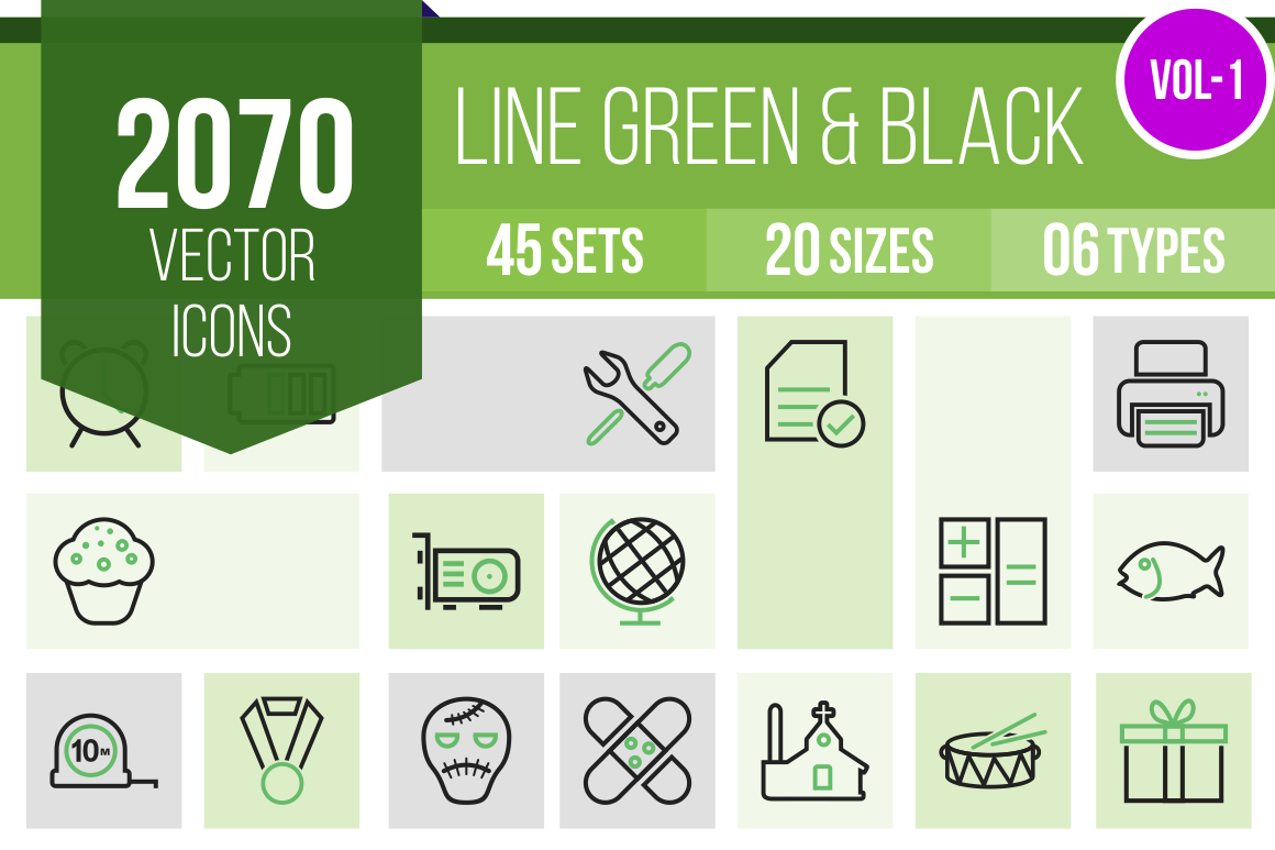 2070 Line Green & Black Icons Bundle - Overview - IconBunny