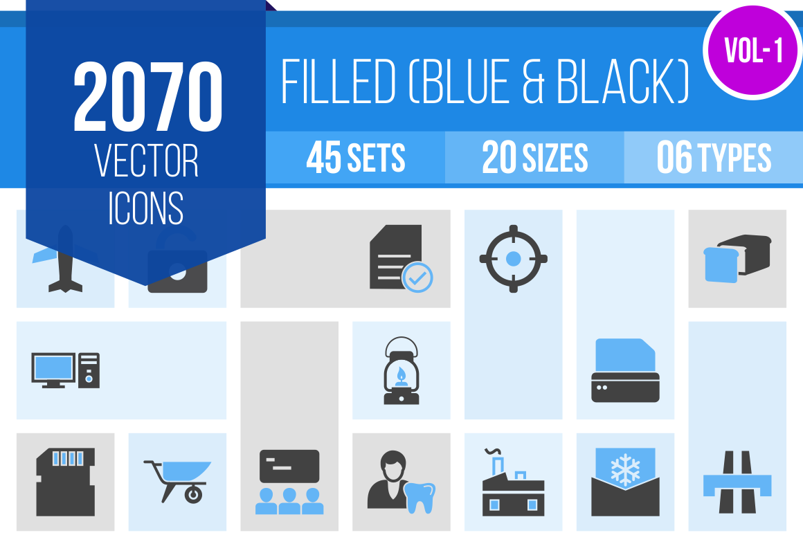 2070 Blue & Black Icons Bundle - Overview - IconBunny